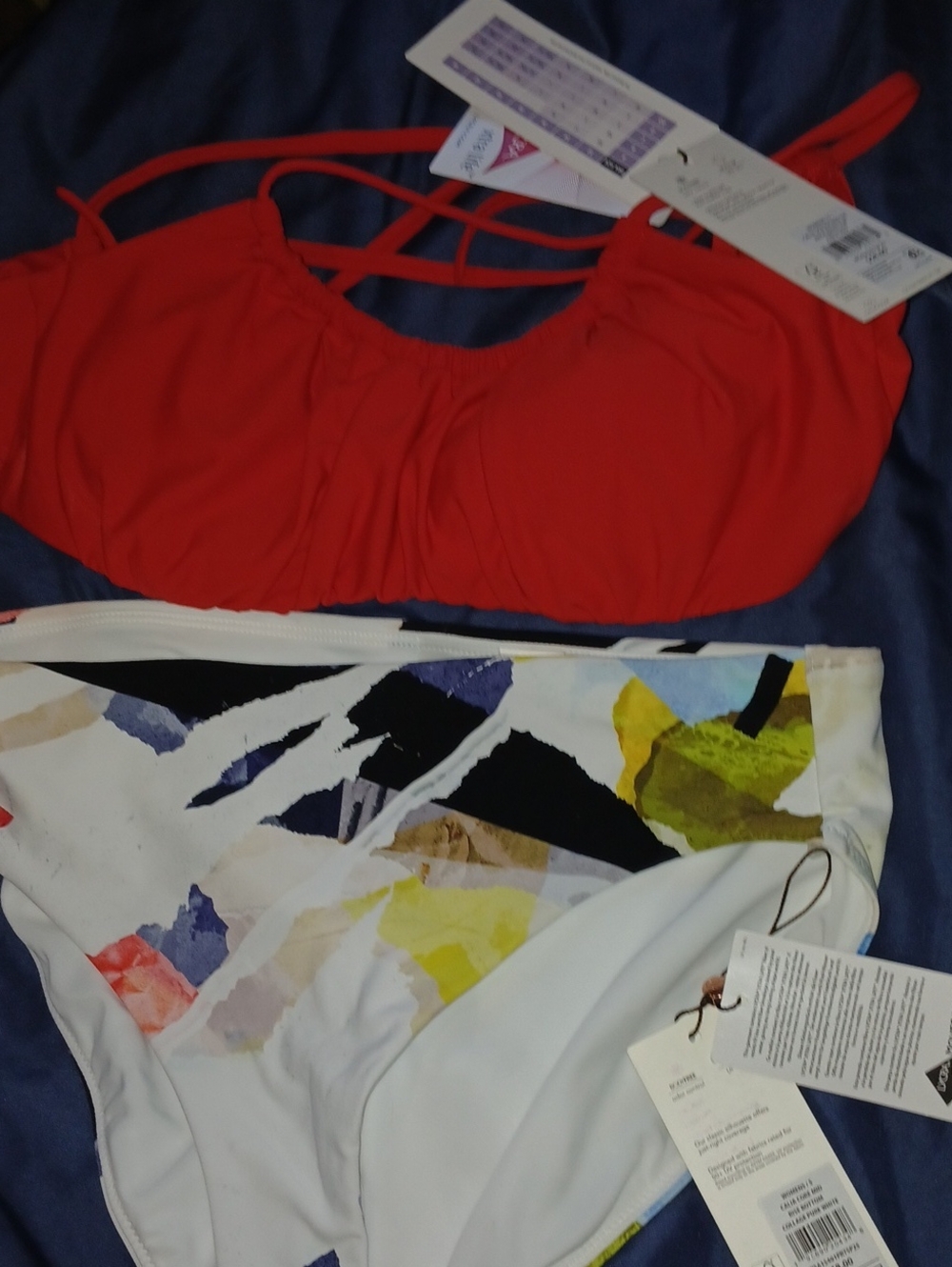 CALIA by Carrie Underwood Red Bikini Top with White Multicolor Print Bottom
